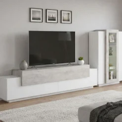 Mobile soggiorno con vetrina 280cm bianco lucido e cemento - Anisia