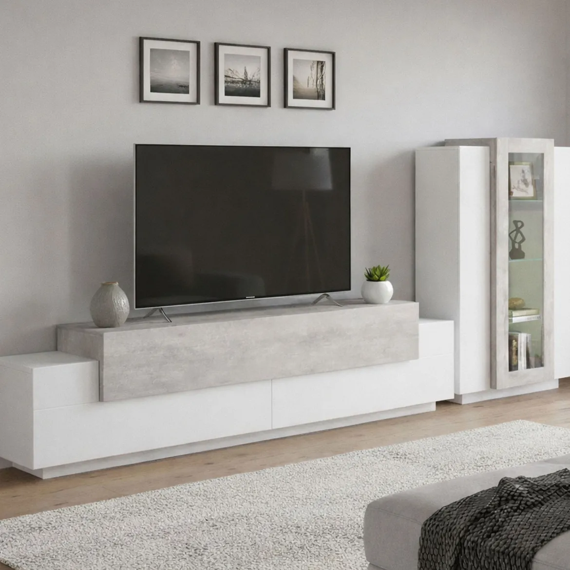 Mobile soggiorno con vetrina 280cm bianco lucido e cemento - Anisia