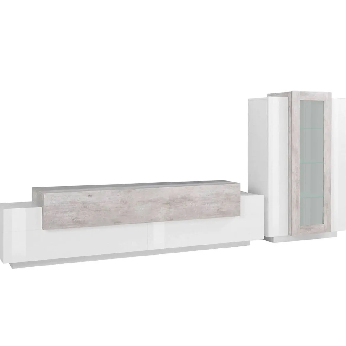 Mobile soggiorno con vetrina 280cm bianco lucido e cemento - Anisia