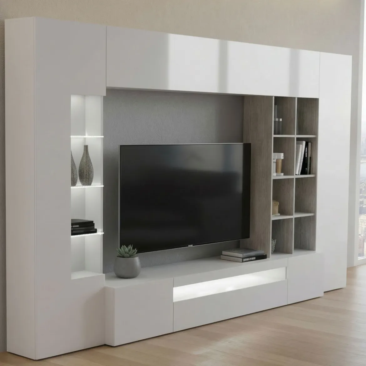Mobile soggiorno con vetrina 290cm bianco lucido e cemento - Azuro