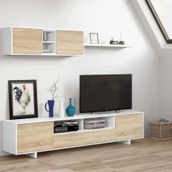 Mobile soggiorno in legno 200cm bianco lucido e rovere - Angora