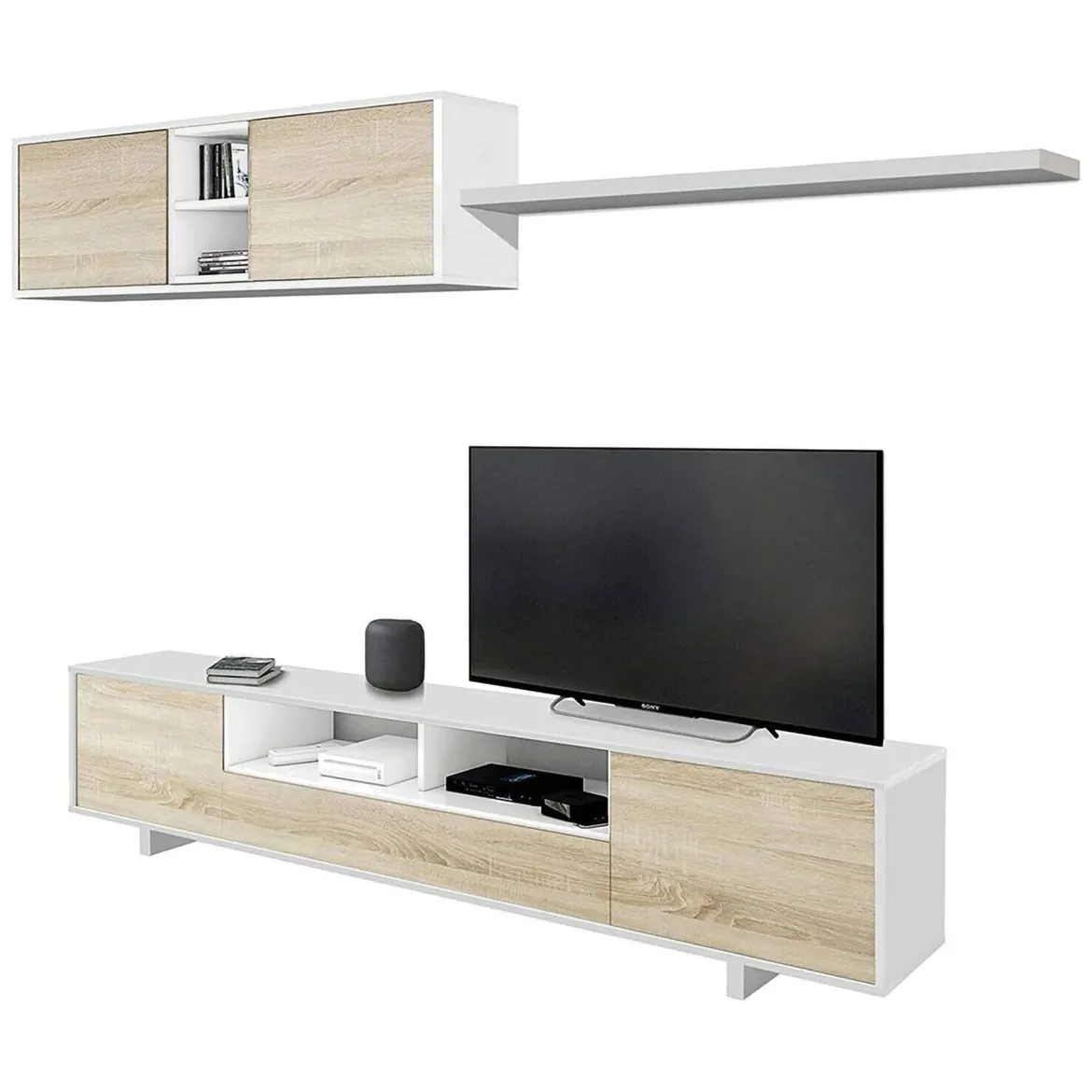 Mobile soggiorno in legno 200cm bianco lucido e rovere - Angora