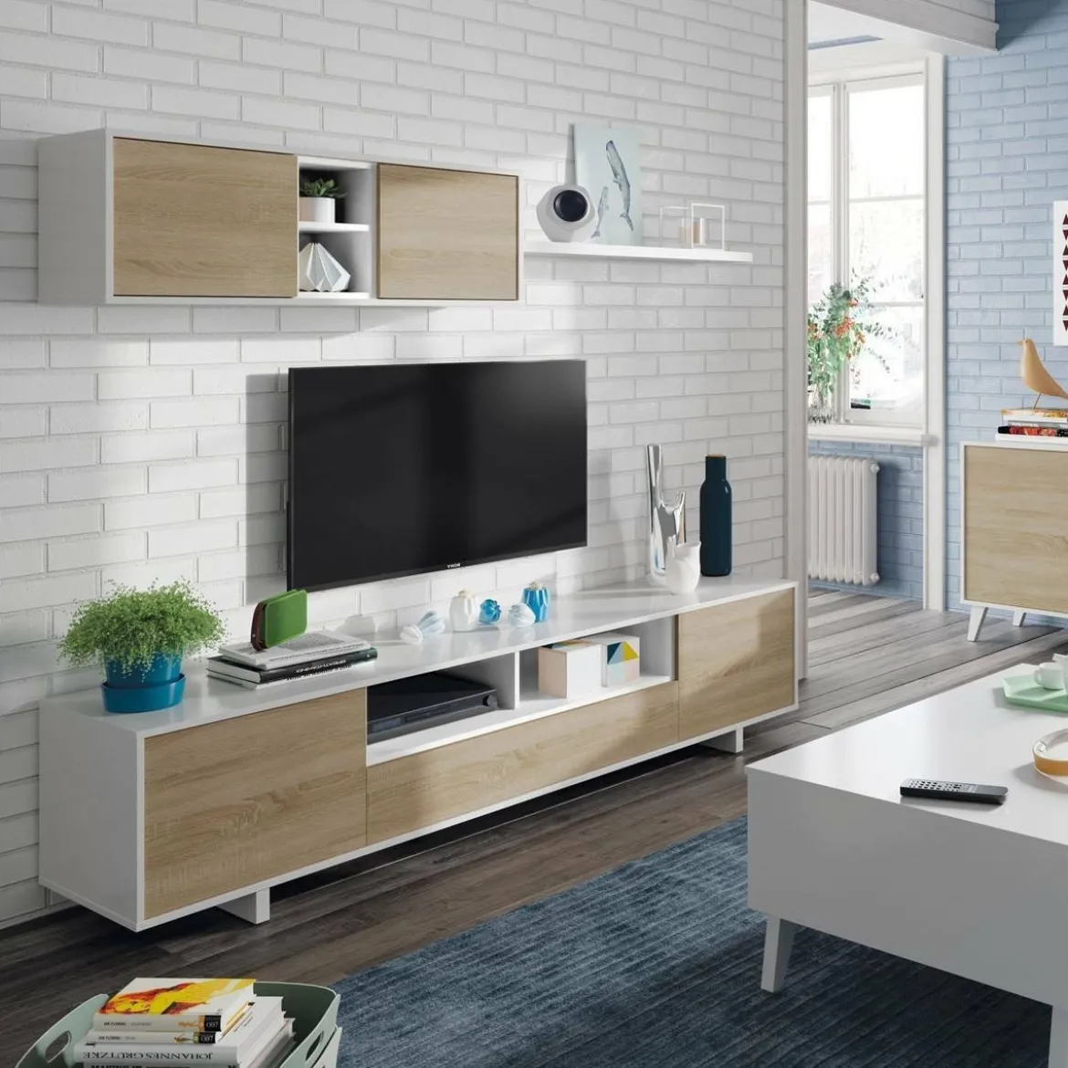 Mobile soggiorno in legno 200cm bianco lucido e rovere - Angora