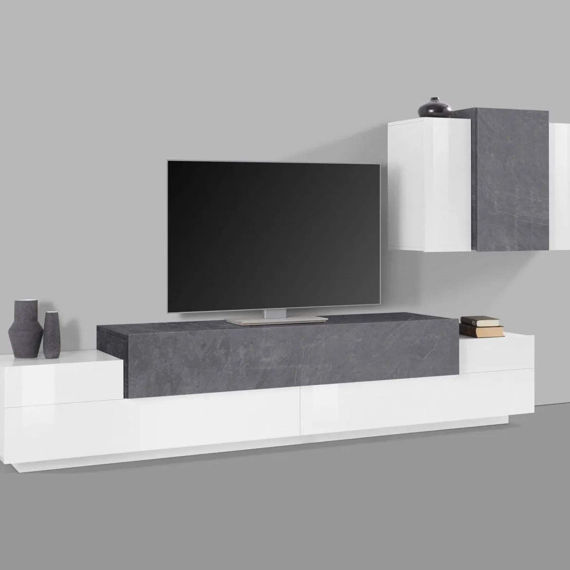 Mobile soggiorno in legno 240cm bianco lucido e ardesia - Alaskino