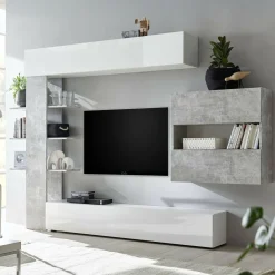 Mobile soggiorno in legno e metallo 295cm bianco lucido e cemento - Aragosta