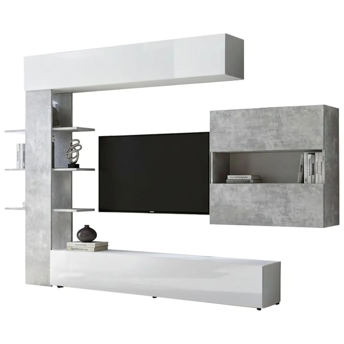 Mobile soggiorno in legno e metallo 295cm bianco lucido e cemento - Aragosta