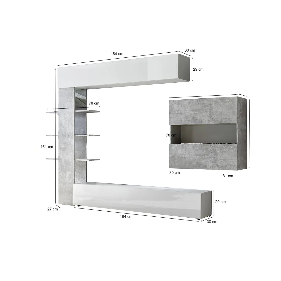 Mobile soggiorno in legno e metallo 295cm bianco lucido e cemento - Aragosta