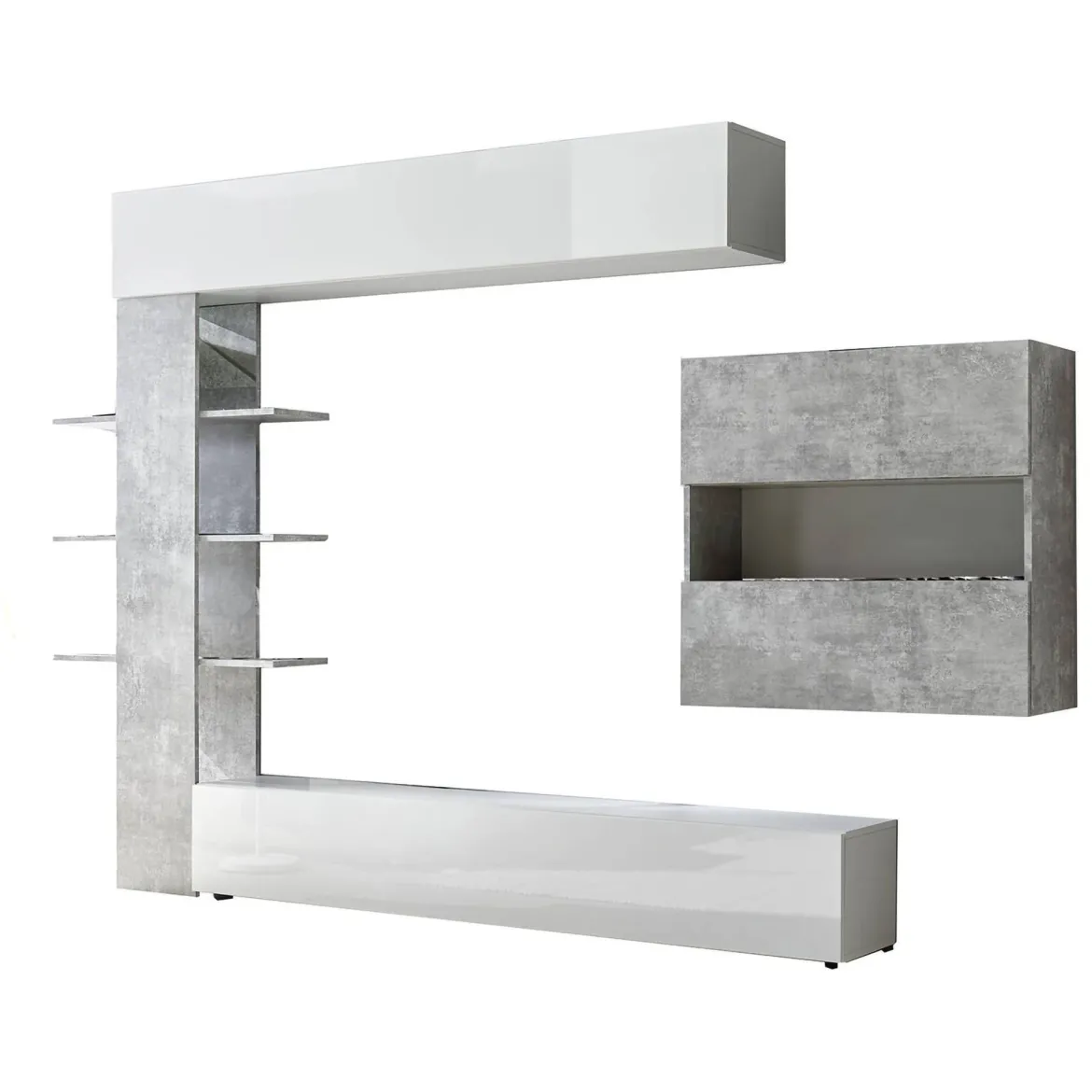 Mobile soggiorno in legno e metallo 295cm bianco lucido e cemento - Aragosta