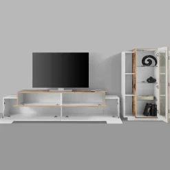 Mobile soggiorno in vetro e legno 280cm bianco lucido e acero - Anisia