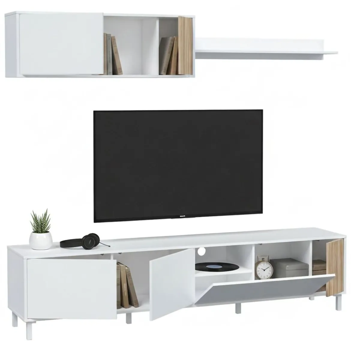 Mobile soggiorno multifunzione 200cm bianco e rovere - Banari