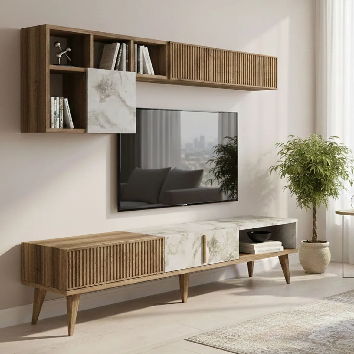 Mobile soggiorno smart 180cm noce e bianco marmo - Ostro