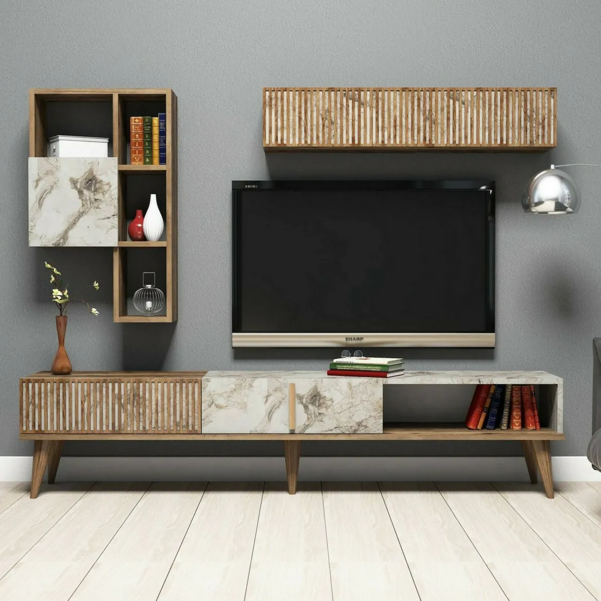 Mobile soggiorno smart 180cm noce e bianco marmo - Ostro