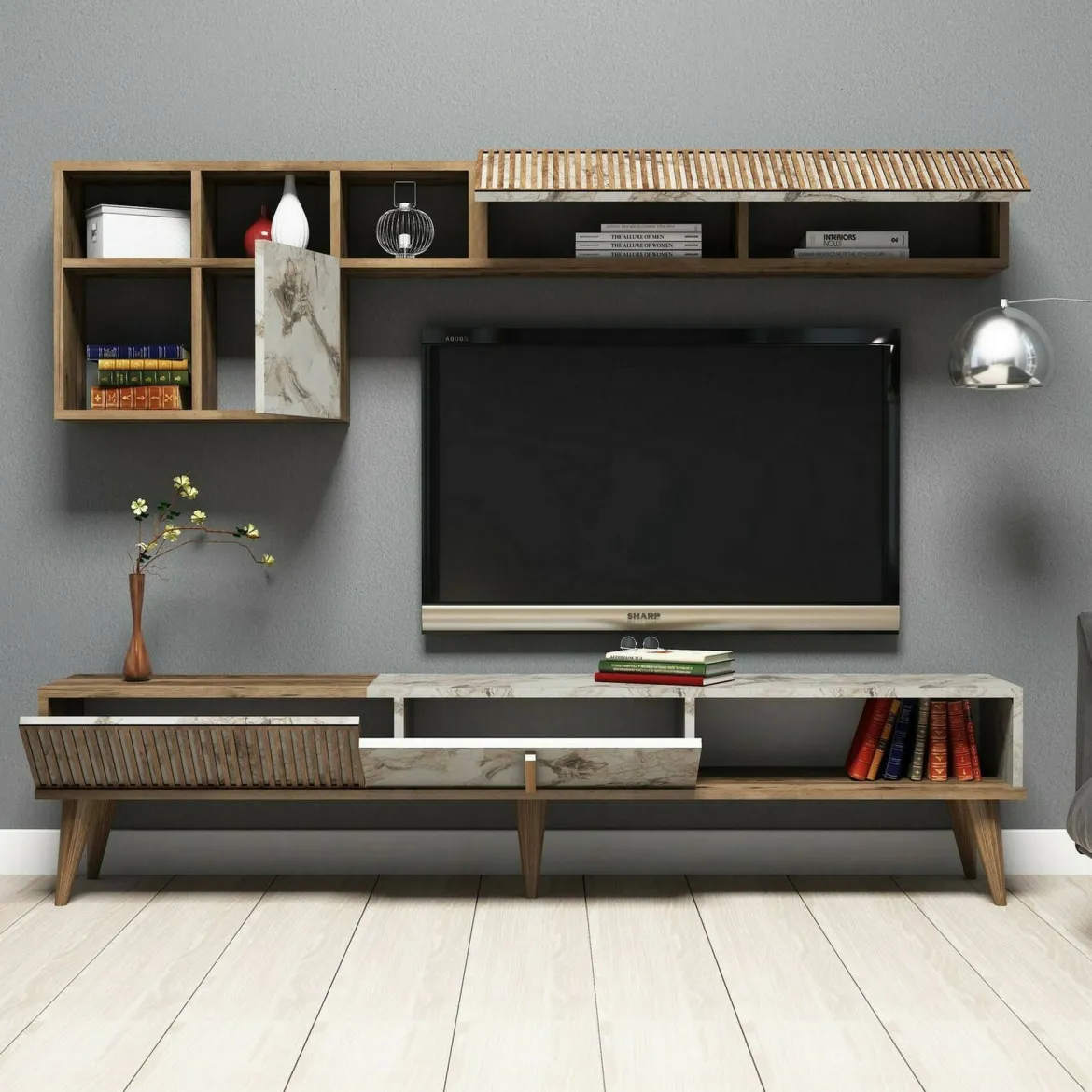 Mobile soggiorno smart 180cm noce e bianco marmo - Ostro