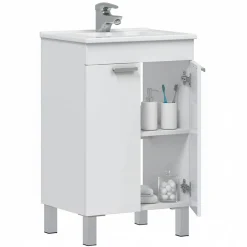 Mobile Sottolavabo Bianco Lucido 2 Ante Apertura Battente 50x39x80h cm, Piedini Alluminio - Tuglie