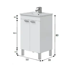 Mobile Sottolavabo Bianco Lucido 2 Ante Apertura Battente 50x39x80h cm, Piedini Alluminio - Tuglie