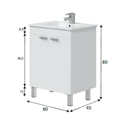 Mobile Sottolavabo Bianco Lucido 2 Ante Apertura Battente 60x45x80h cm, Piedini Alluminio - Polino