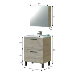 Mobile sottolavabo 2 cassetti 61x46x79h cm rovere nodi e bianco lucido - Lisbona