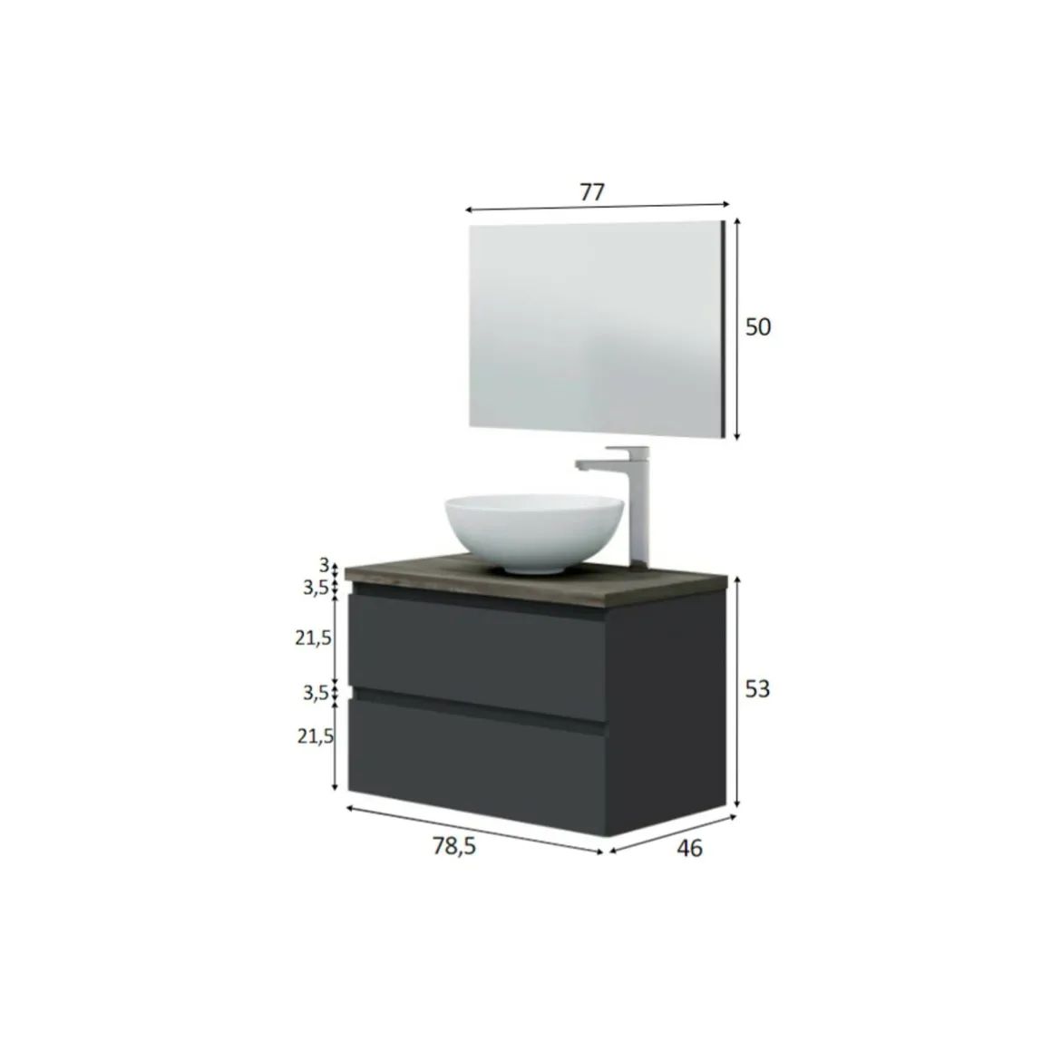 Mobile Sottolavabo Nero Antracite Marrone Noce Specchio Incluso 2 Cassetti 78.5x46x53h cm, Ante - Alakdan