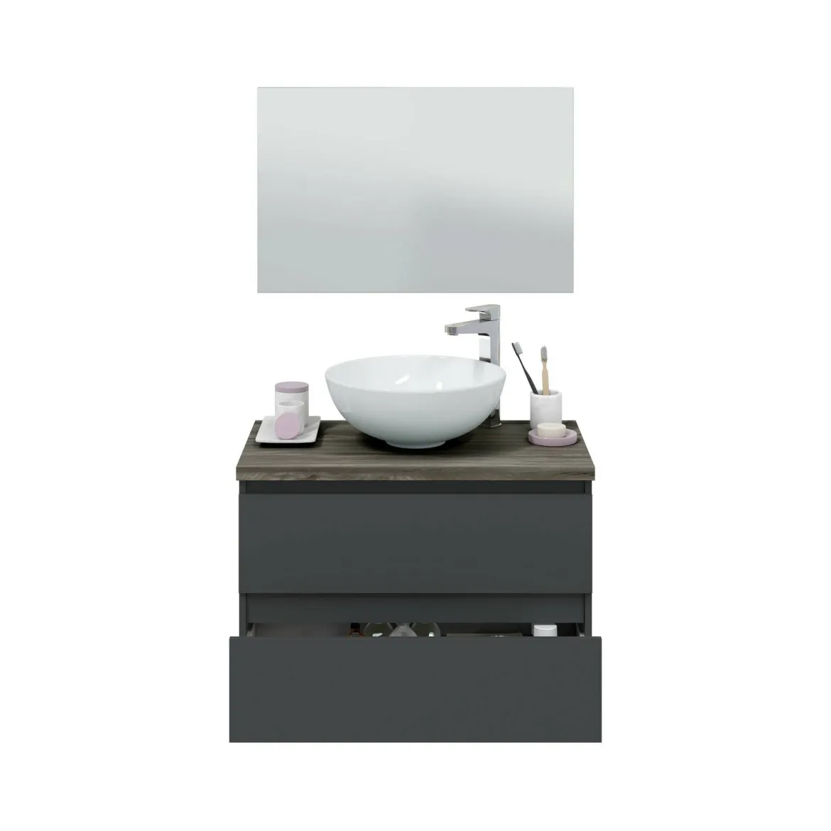 Mobile Sottolavabo Nero Antracite Marrone Noce Specchio Incluso 2 Cassetti 78.5x46x53h cm, Ante - Alakdan