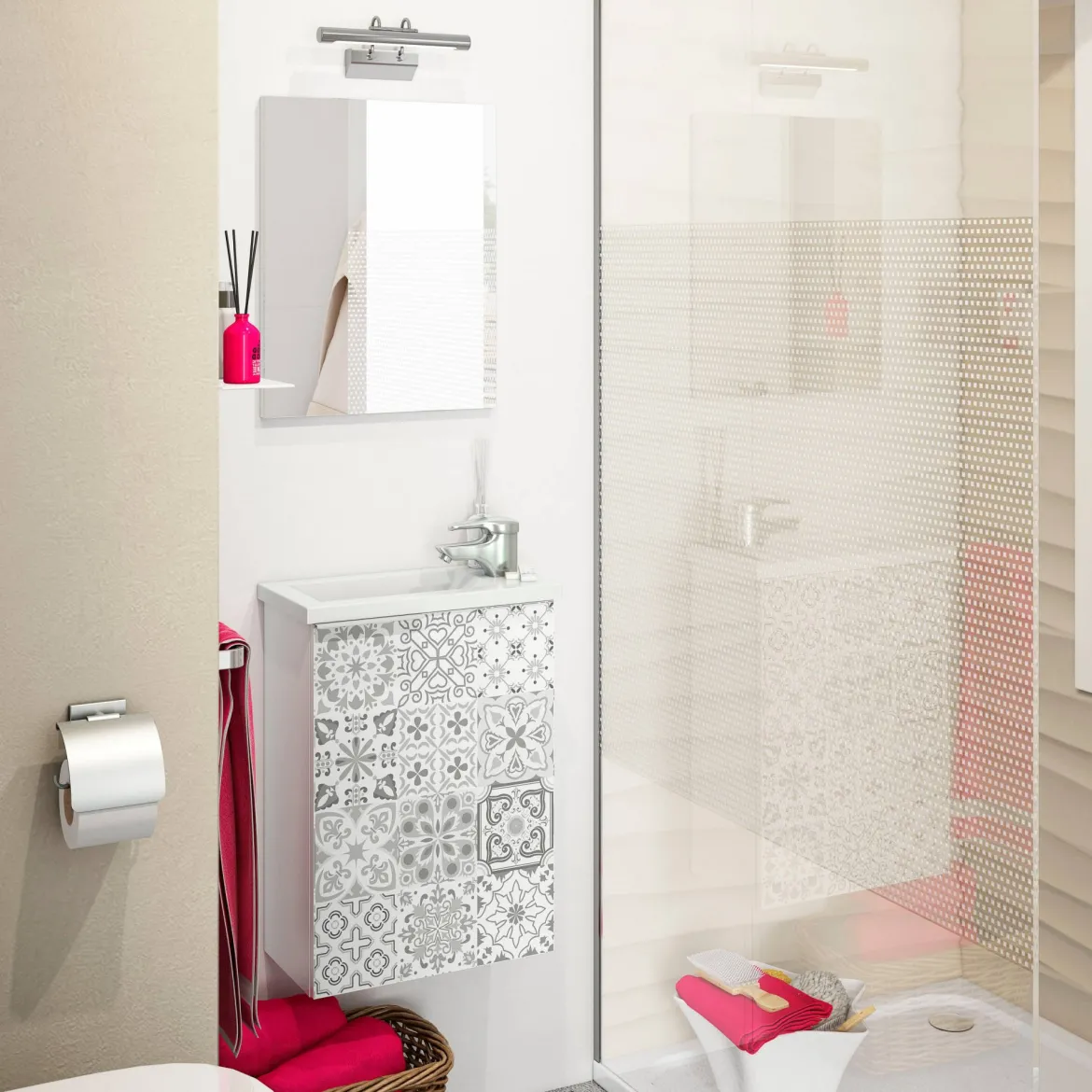 Mobile sottolavabo sospeso con specchio 40x58x22h cm bianco lucido e cemento - Akamaru