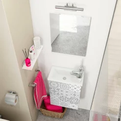 Mobile sottolavabo sospeso con specchio 40x58x22h cm bianco lucido e cemento - Akamaru