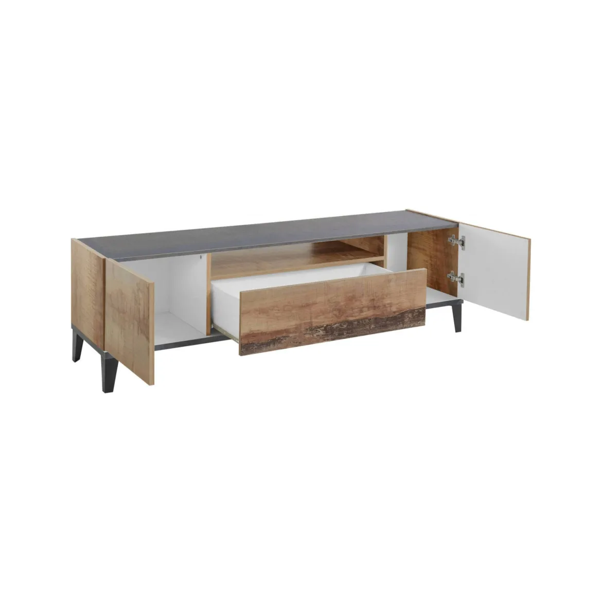 Mobile TV acero e ardesia 160x40x47h cm 2 ante e 1 cassetto - Argentoro