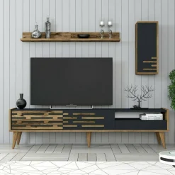 Mobile TV antracite e noce 180x45x35h cm 3 ante - Upana
