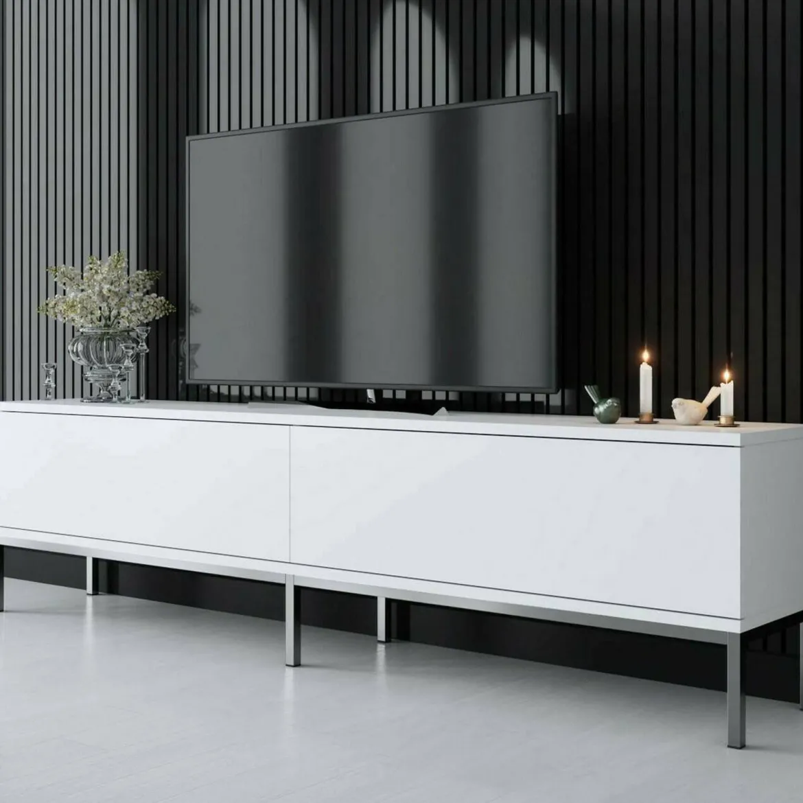 Mobile TV bianco e argento 180x30x47h cm modulabile - Espero