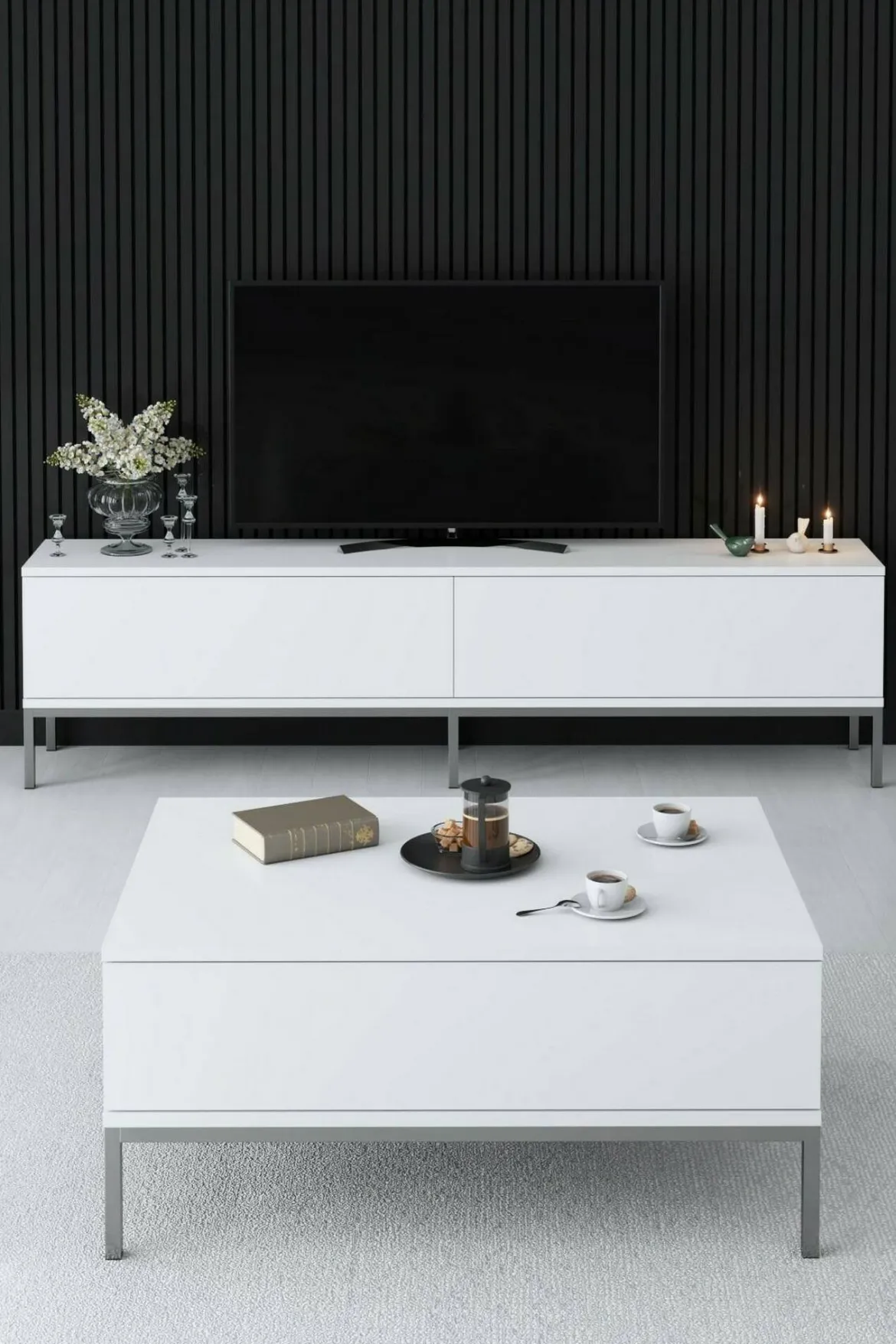 Mobile TV bianco e argento 180x30x47h cm modulabile - Espero