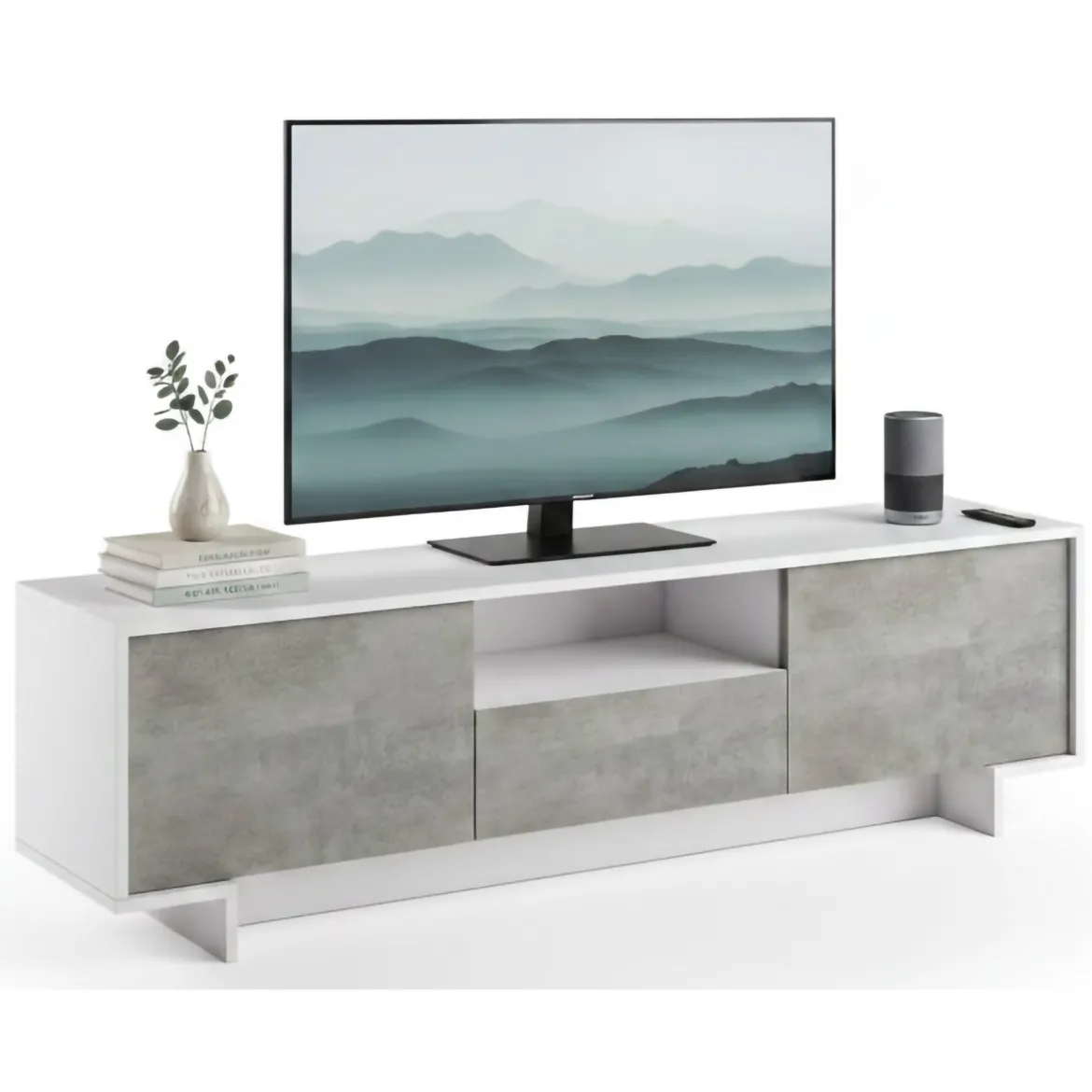 Mobile TV bianco e cemento 170x42x48h cm 2 ante e 1 cassetto - Atina