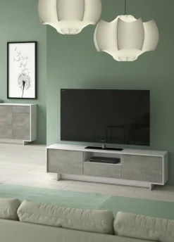 Mobile TV bianco e cemento 170x42x48h cm 2 ante e 1 cassetto - Atina