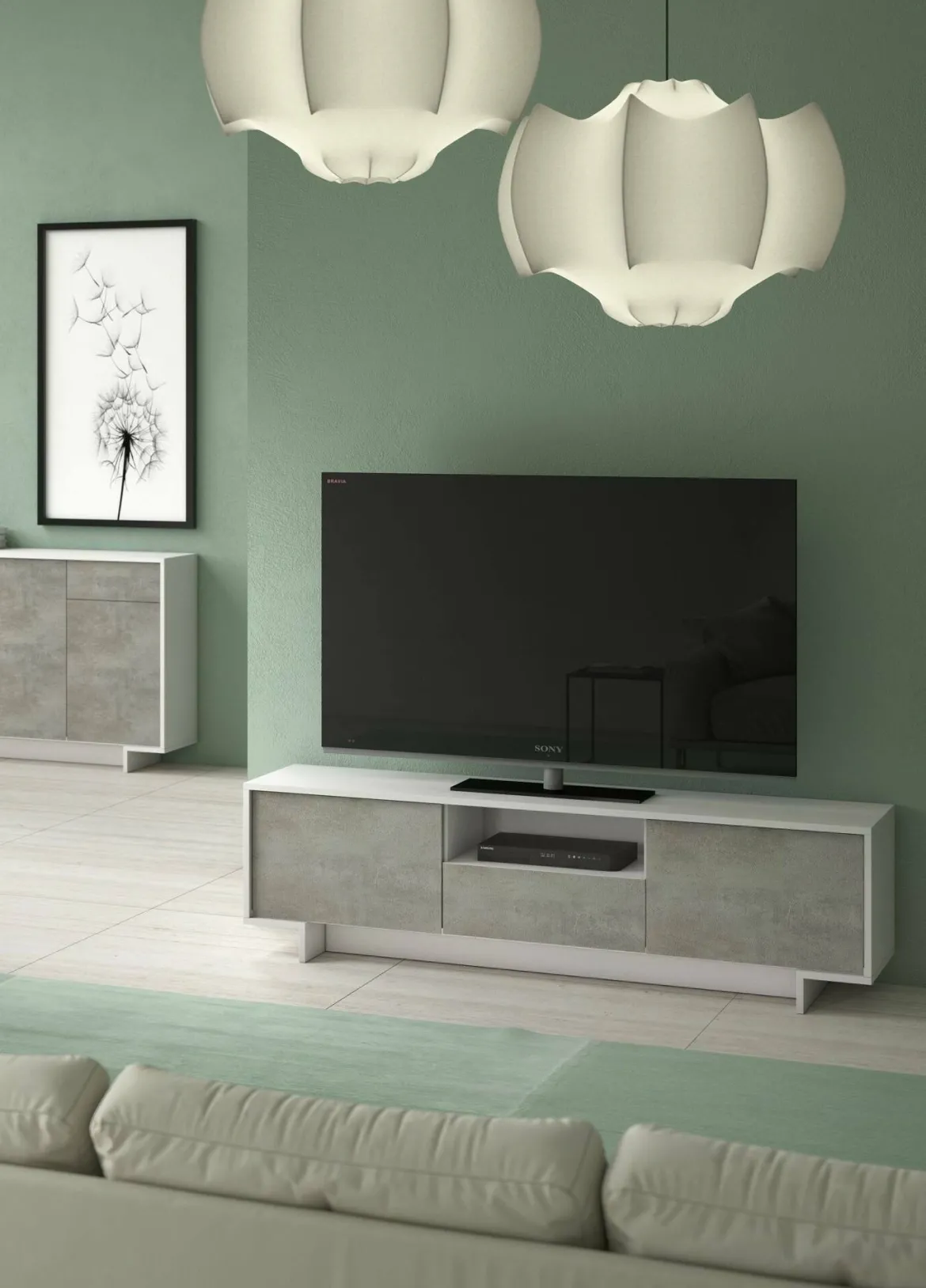 Mobile TV bianco e cemento 170x42x48h cm 2 ante e 1 cassetto - Atina