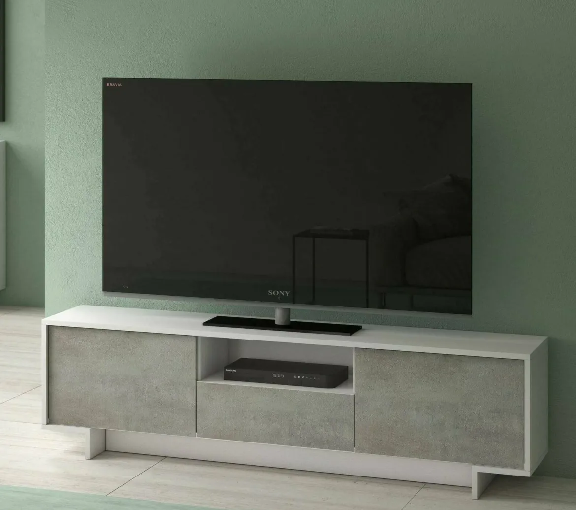 Mobile TV bianco e cemento 170x42x48h cm 2 ante e 1 cassetto - Atina