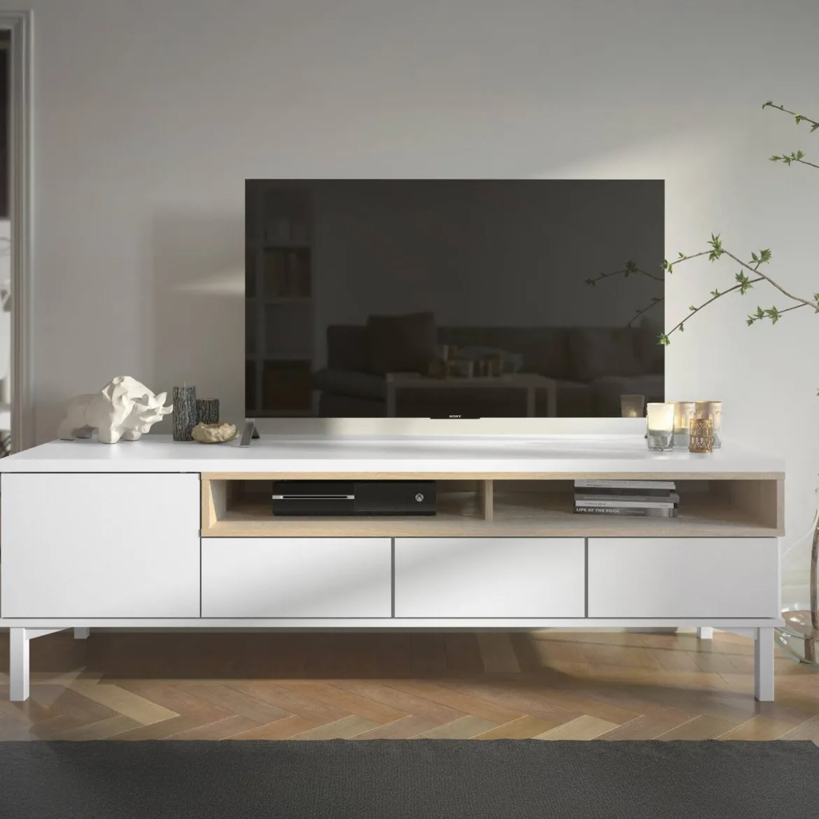Mobile TV bianco e quercia 155x48x48h cm in legno - Rosata