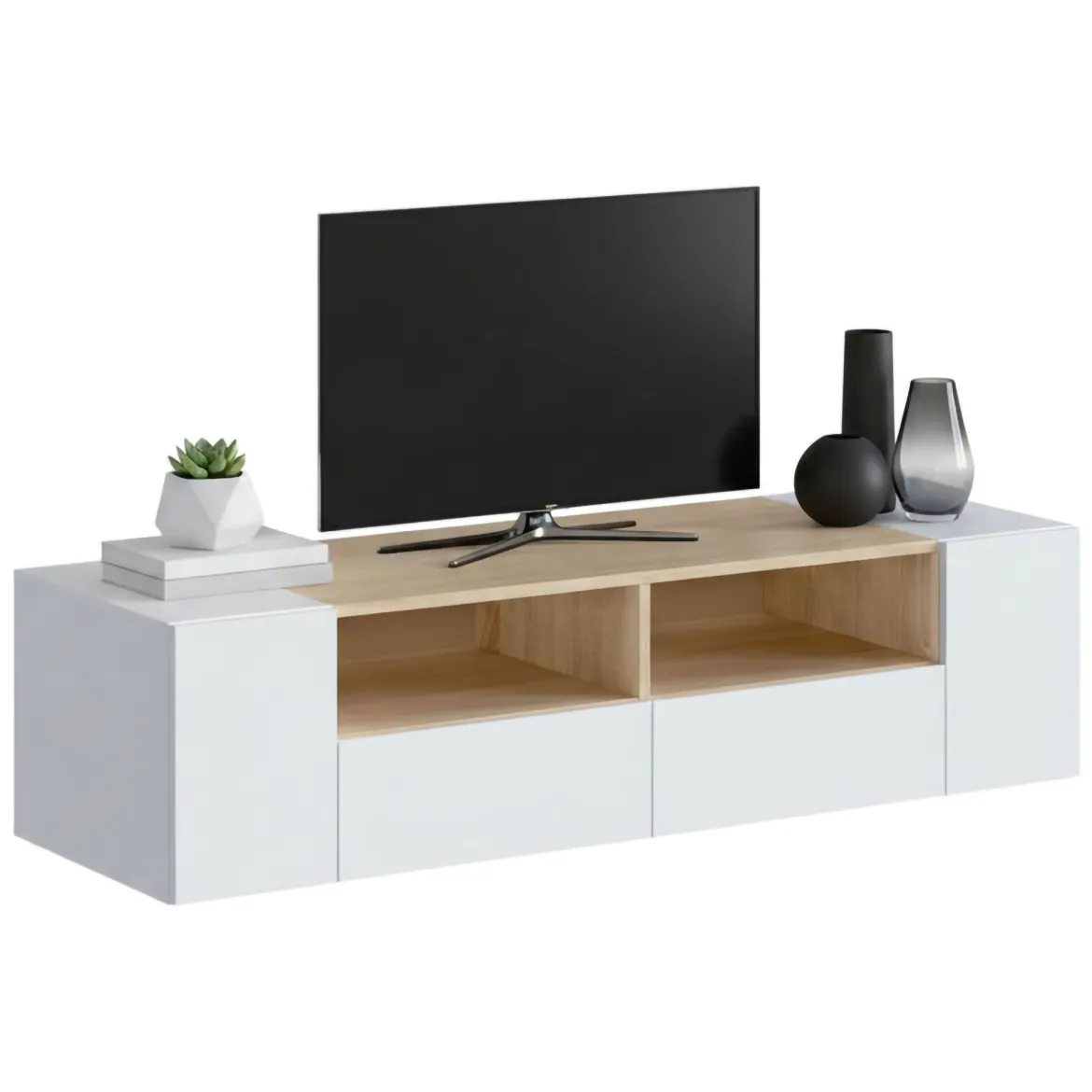 Mobile TV bianco e rovere 138x42x36h cm 4 ante - Ebe