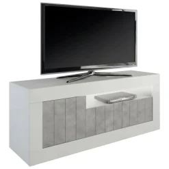 Mobile TV bianco lucido,cemento 138x42x56h cm 3 ante - Iole