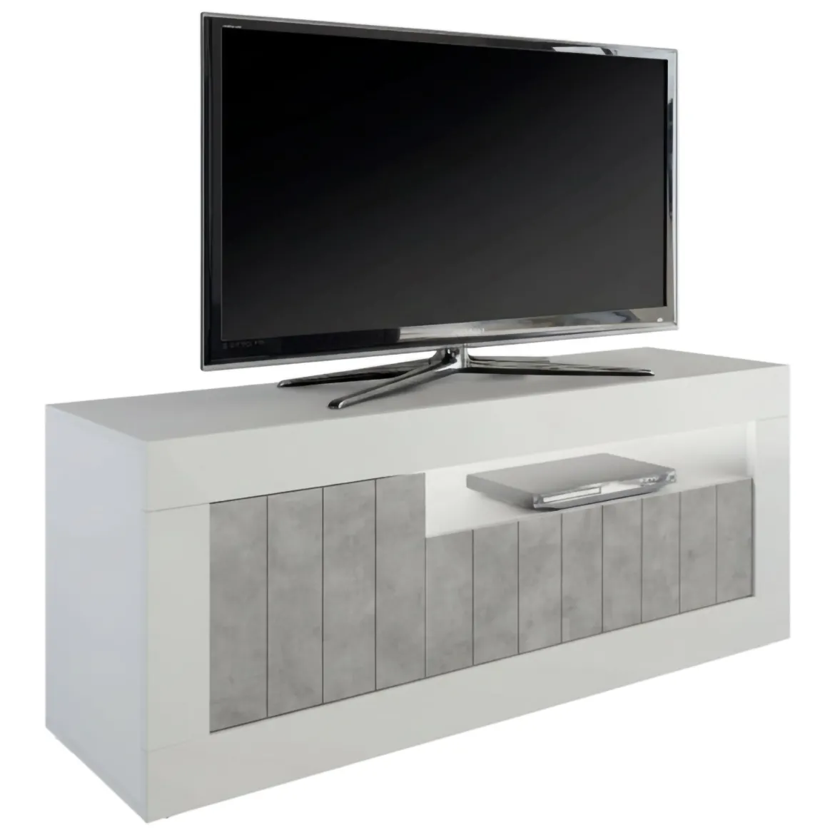 Mobile TV bianco lucido,cemento 138x42x56h cm 3 ante - Iole