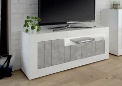 Mobile TV bianco lucido,cemento 138x42x56h cm 3 ante - Iole
