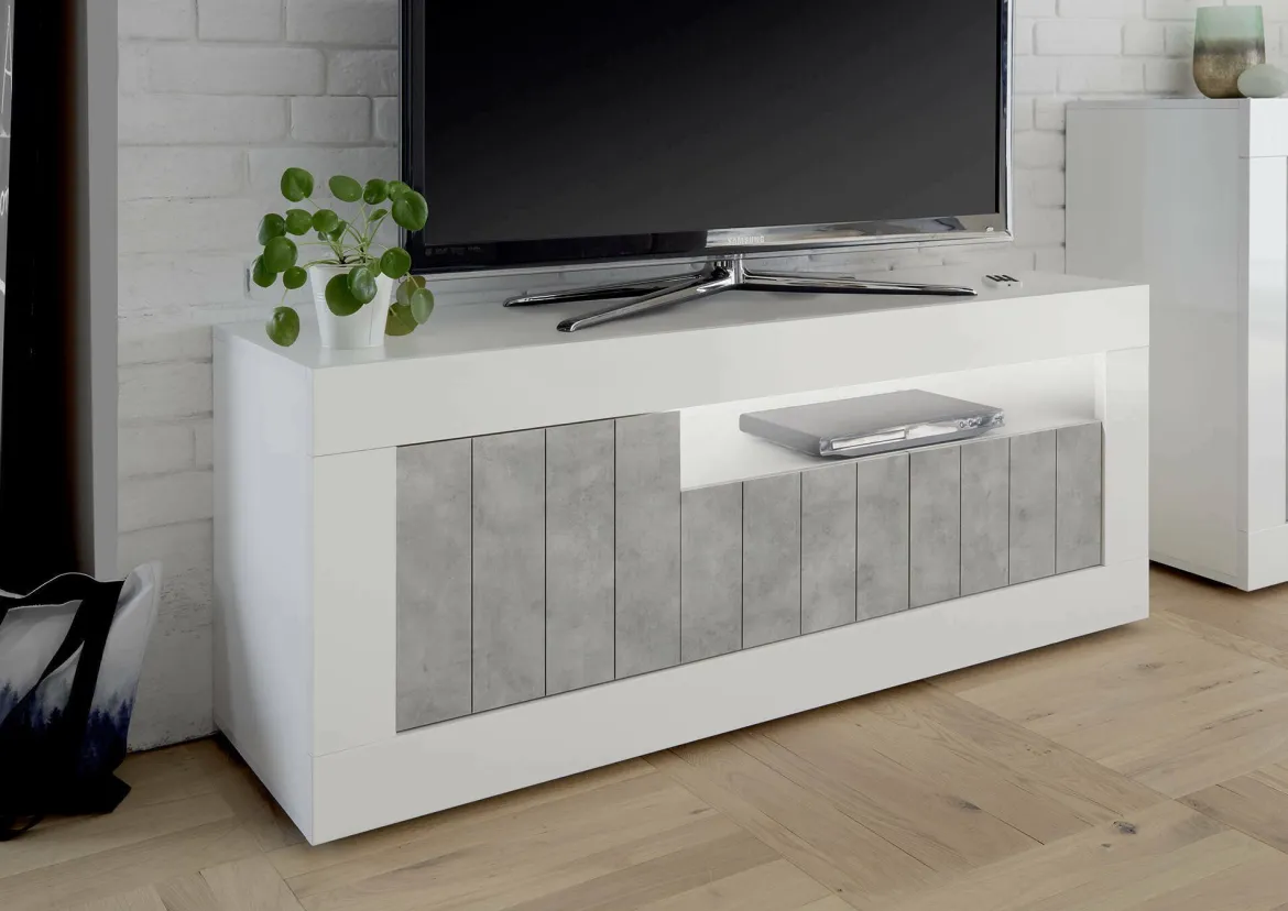 Mobile TV bianco lucido,cemento 138x42x56h cm 3 ante - Iole