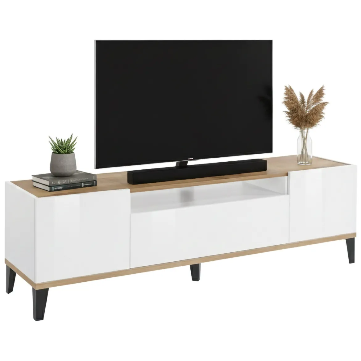 Mobile TV bianco lucido e acero 160x40x47h cm 2 ante e 1 cassetto - Argentoro