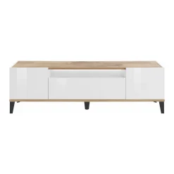 Mobile TV bianco lucido e acero 160x40x47h cm 2 ante e 1 cassetto - Argentoro