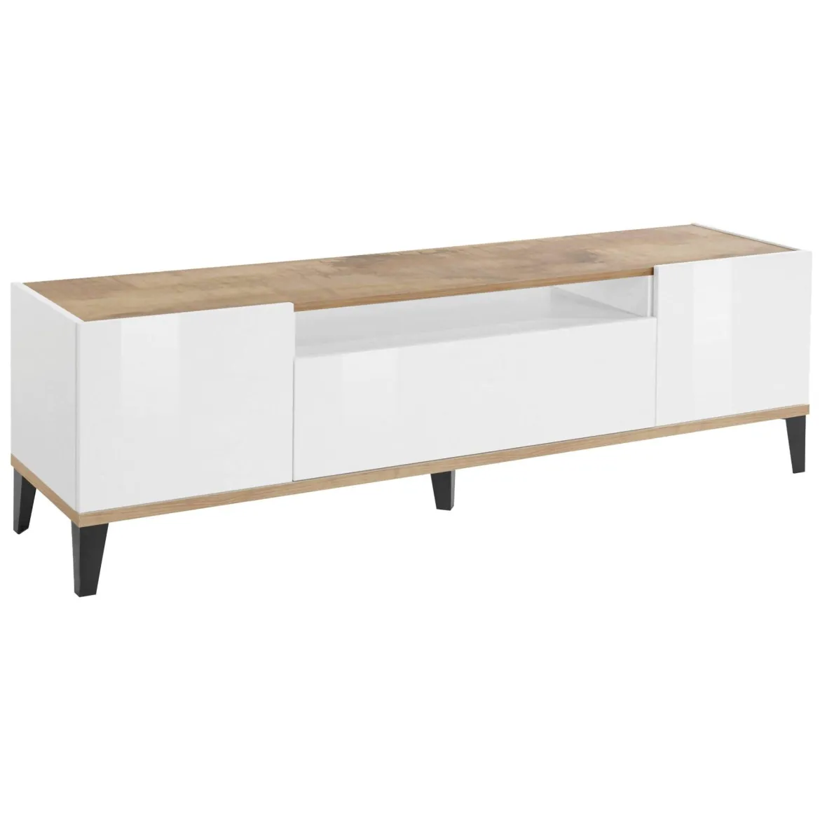 Mobile TV bianco lucido e acero 160x40x47h cm 2 ante e 1 cassetto - Argentoro