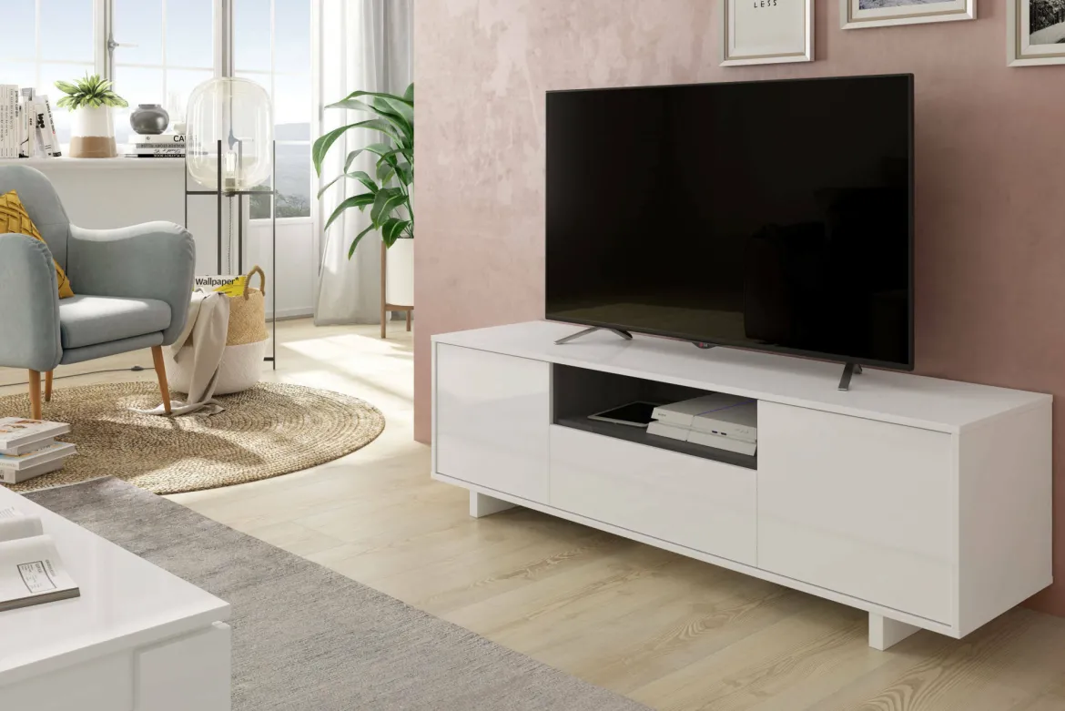 Mobile TV bianco lucido e grigio cenere 150x41x46h cm 3 ante - Andalusia