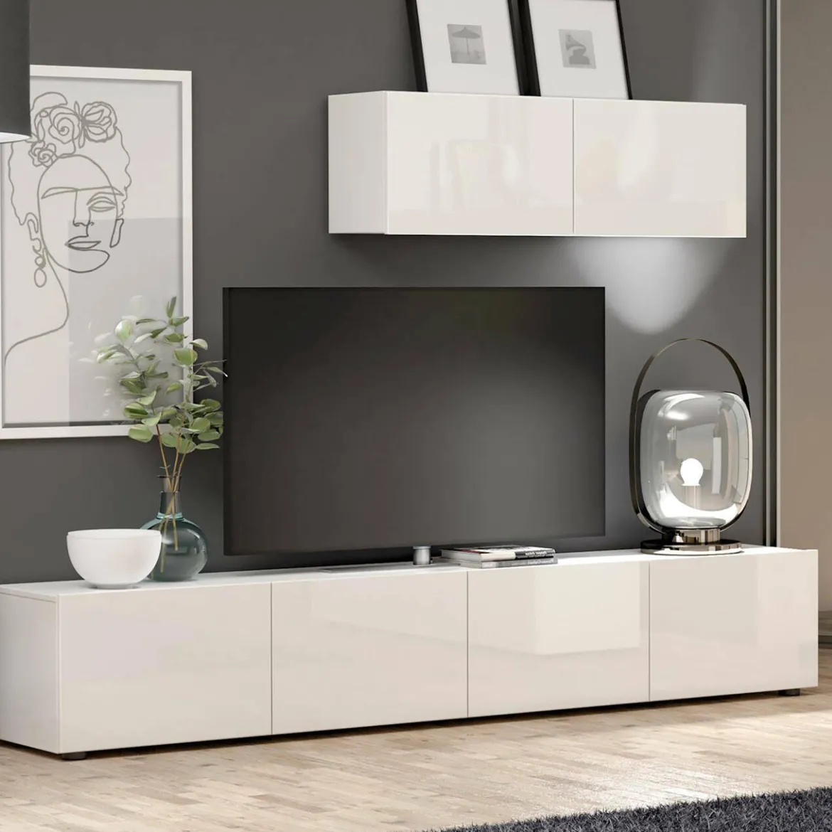 Mobile TV bianco lucido 225x38x39h cm 6 ante - Vongfong