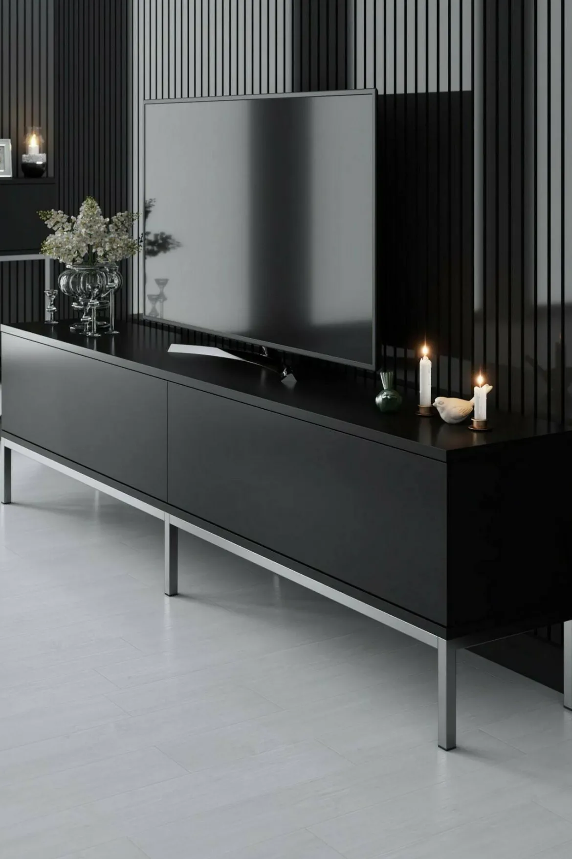 Mobile TV nero e argento 180x30x47h cm modulabile - Espero