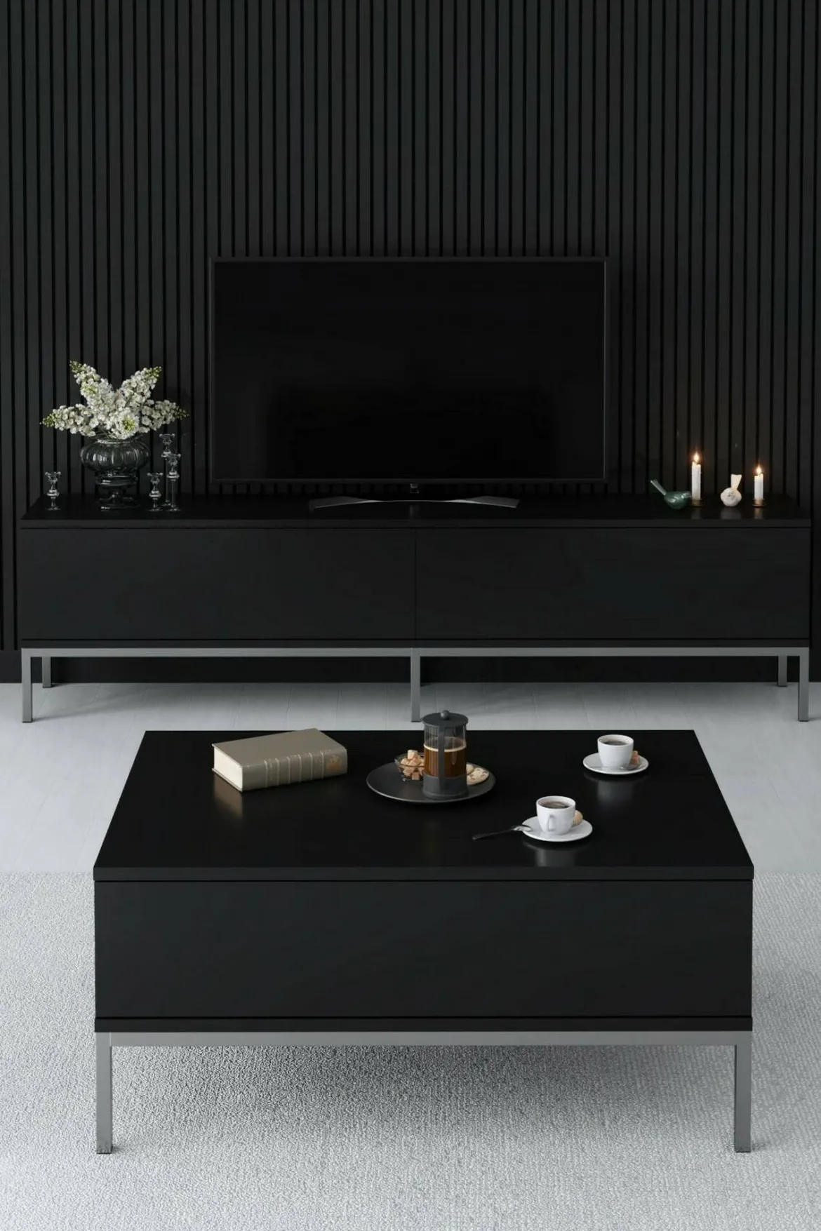 Mobile TV nero e argento 180x30x47h cm modulabile - Espero