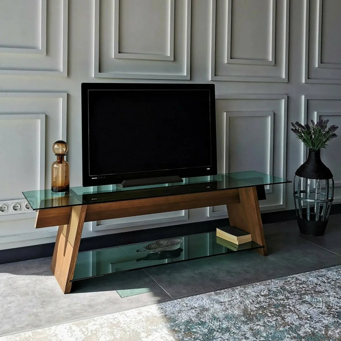 Mobile TV noce e verde 158x40x45h cm in legno - Amorosi