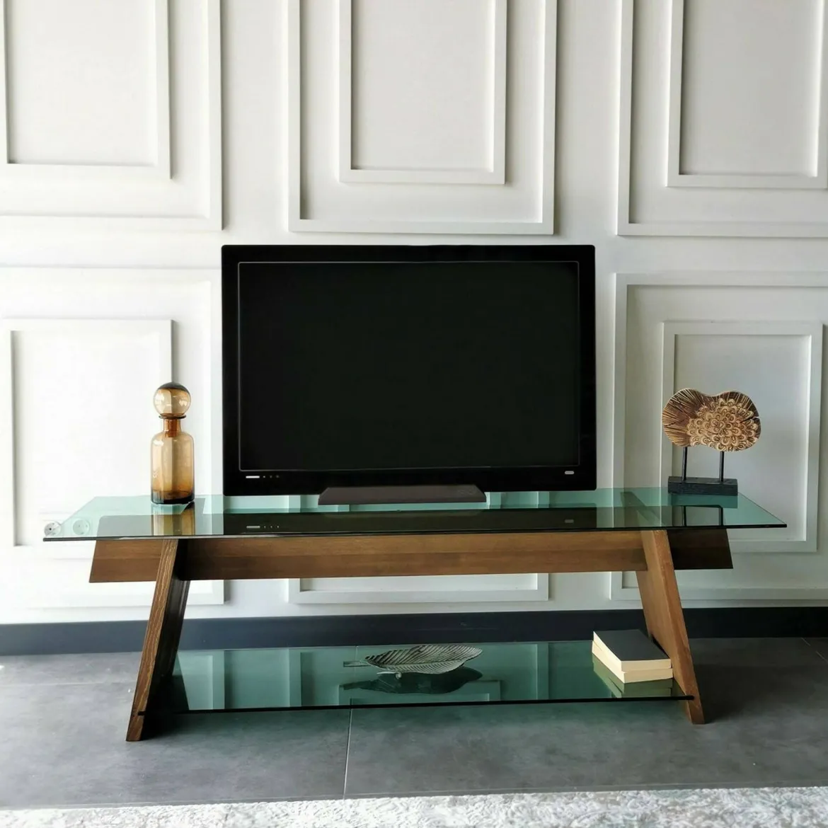 Mobile TV noce e verde 158x40x45h cm in legno - Amorosi