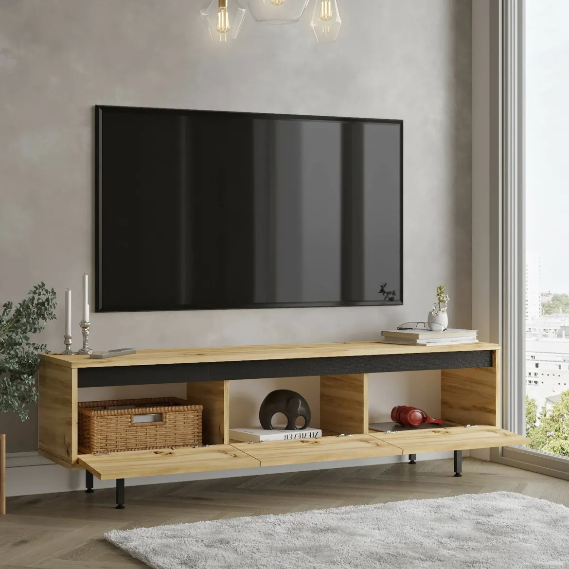 Mobile TV quercia e nero 160x35x45h cm 3 ante - Titli