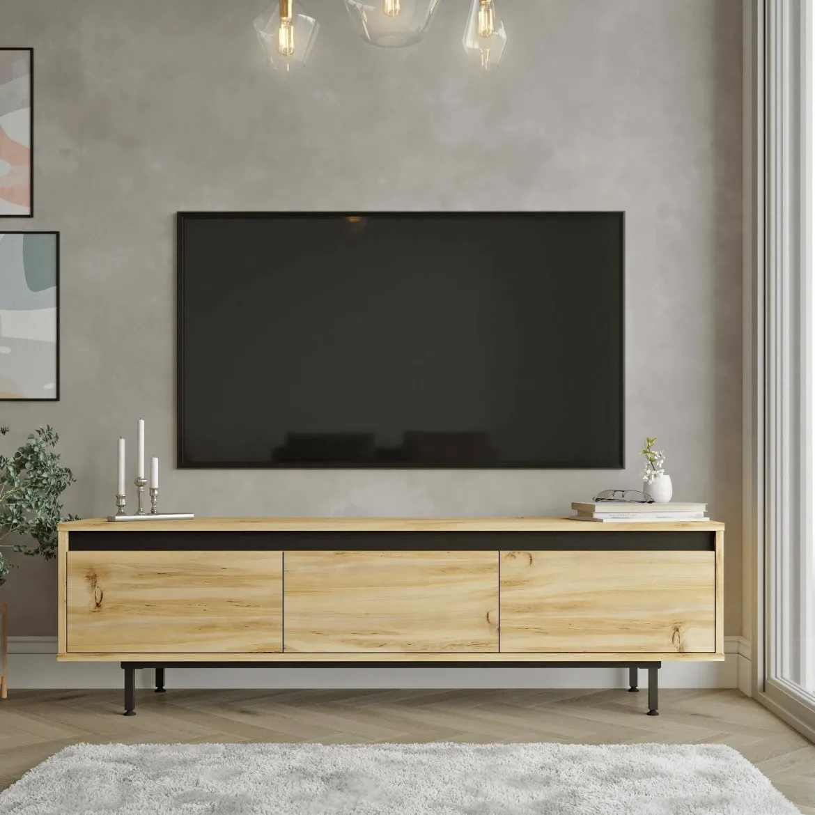 Mobile TV quercia e nero 160x35x45h cm 3 ante - Titli
